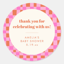 Adesivo Redondo Abstract Checker Pink Custom Baby Shower Thank