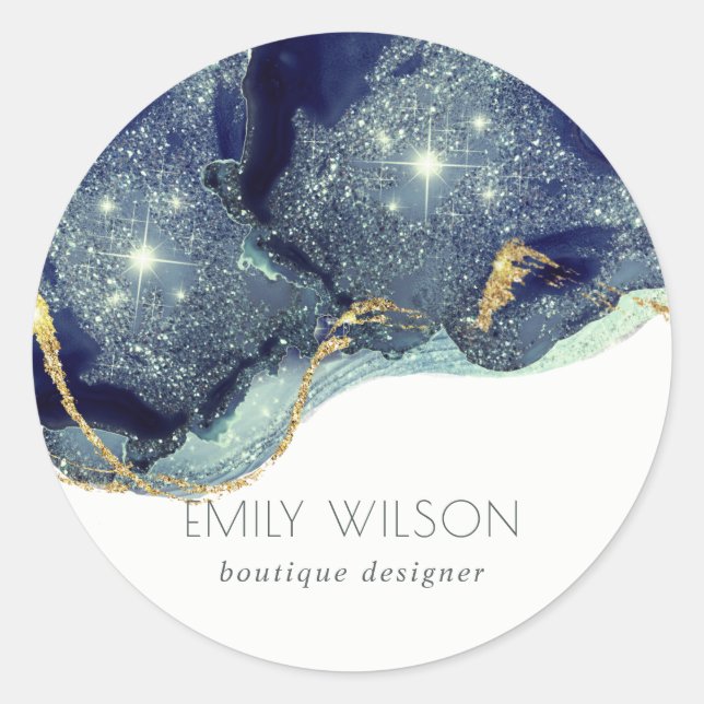 Adesivo Redondo Abstrato Álcool Tinta Marinho Prata Azul Folha (Frente)