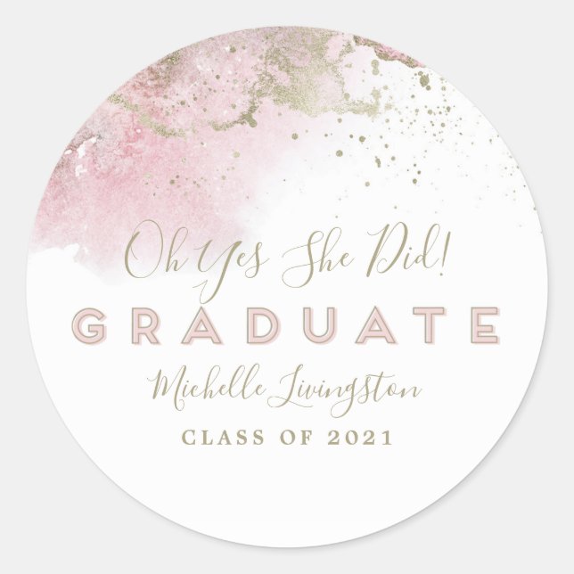 Adesivo Redondo Abstrato Art Pink e Graduação Dourada (Frente)