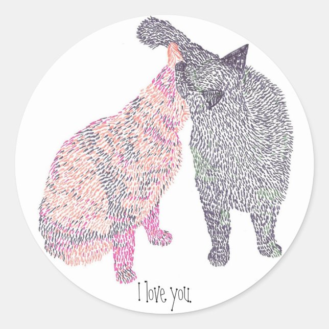 Adesivo Redondo Abstrato Cat kiss 1, eu te amo. (Frente)
