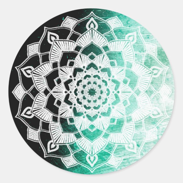 Adesivo Redondo Abstrato de Mandala Branco e Verde bonito (Frente)