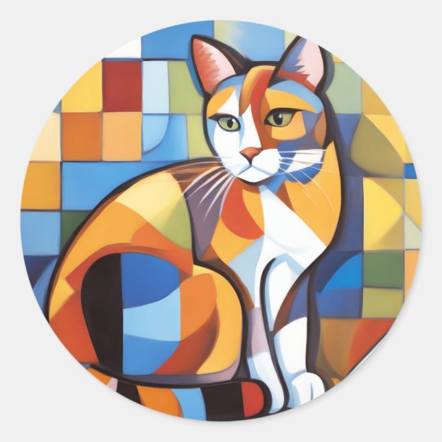 Adesivo Redondo Abstrato Feline Beauty Calico Cat Cubist (Frente)