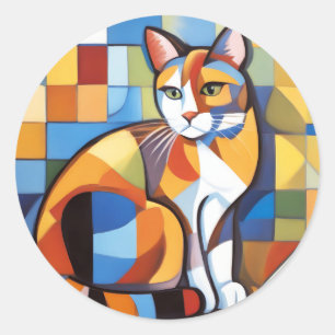 Adesivo Redondo Abstrato Feline Beauty Calico Cat Cubist