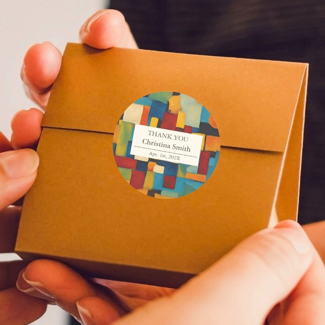 Adesivo Redondo Abstrato Geométrico Retrorização Obrigado (Abstract Geometric Retro Retirement Thank You Classic Round Sticker)