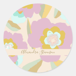 Adesivo Redondo Abstrato Pastel Floral Nome Personalizado 