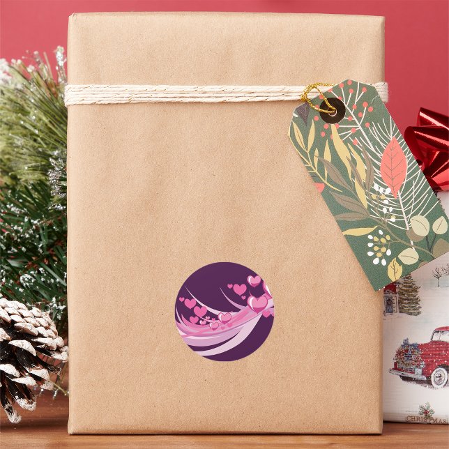 Adesivo Redondo Abstrato Romântico Corações Rosa Design em Roxo (Criador carregado)