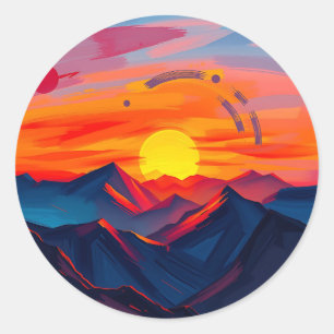 Adesivo Redondo Abstrato Sunset sobre Montanhas com Fiery