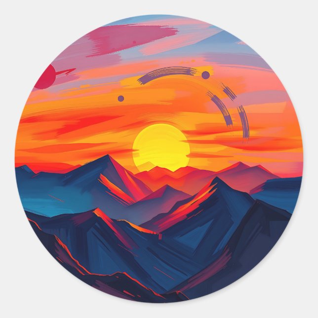 Adesivo Redondo Abstrato Sunset sobre Montanhas com Fiery (Frente)