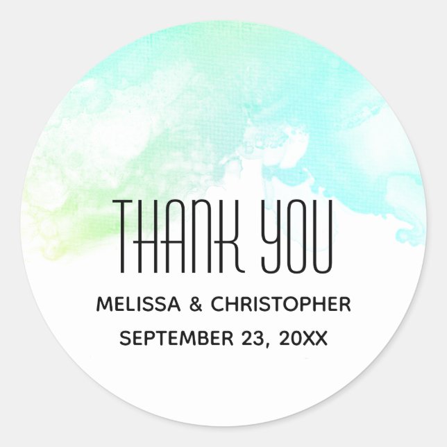 Adesivo Redondo Abstrato Verde Moderno e Azul Aquarela Obrigado (Frente)