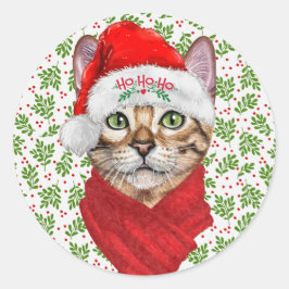 Adesivo Redondo Abyssinian Cat Ho Ho Santa Hat Feliz Natal