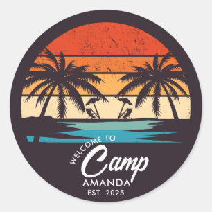 Adesivo Redondo Acampamento de Praia Personalizado Festa de Soltei