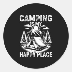 Adesivo Redondo Acampamento é um lugar feliz, campista engraçado, 