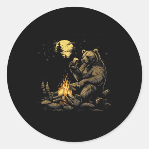 Adesivo Redondo Acampamento Urso Pardo Bebendo Cerveja Caminhada N