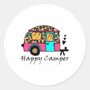 Adesivo Redondo Acampamento Verão Feliz Camping Leopardo Divertido
