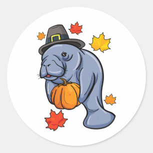 Adesivo Redondo Ação de Graças Manatee Pilgrim Fall Pumpkin Dugong