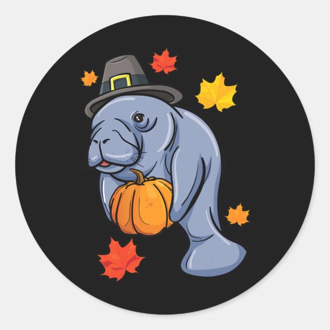 Adesivo Redondo Ação de Graças Manatee Pilgrim Fall Pumpkin Dugong (Frente)