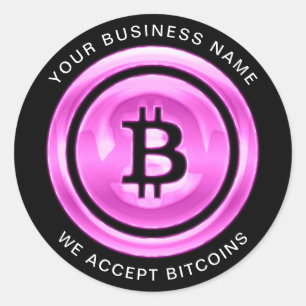Adesivo Redondo Aceitamos o Nome Comercial Rosa Blockchain Bitcoin