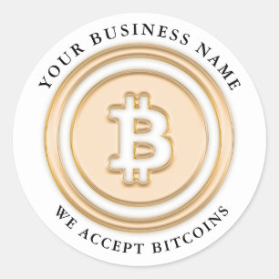 Adesivo Redondo Aceitamos o símbolo Bitcoin Logotipo Nome comerci
