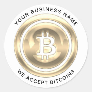Adesivo Redondo Aceitamos o símbolo Bitcoin Logotipo Nome comerci