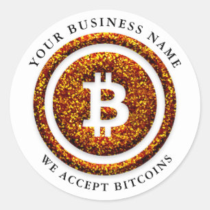 Adesivo Redondo Aceitamos o símbolo Bitcoin Logotipo Nome comerci