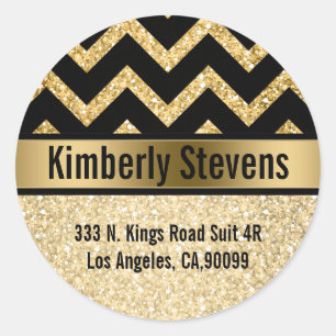 Adesivo Redondo Acentos Dourados de Chevron Preto Glitter Dourado 