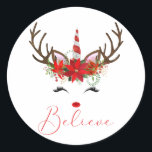 Adesivo Redondo Acredite em Red & White Christmas Reindeer Unicorn<br><div class="desc">Esta design de colante de férias fofo apresenta um unicórnio de renas de Natal, decorado com flores de poinsettia festivas, e esportivo de um corno de unicórnio vermelho e branco doce! Abaixo está escrito "Acredite" na tipografia festiva do roteiro com letra vermelha. Copyright O Compro Feriado, todos os direitos reservados....</div>