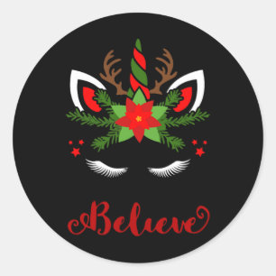 Adesivo Redondo Acredite em Unicorn Reindeer Enfrentando Papais no