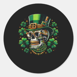 Adesivo Redondo Açúcar Caveira Trevo Vestindo Chapéu Leprechaun St