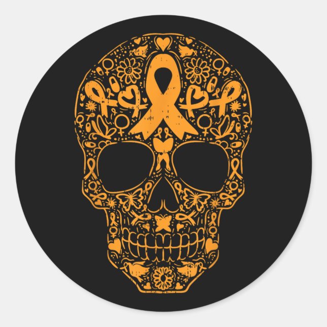 Adesivo Redondo Açúcar Crânio Laranja Fita Leucemia Cancer Awarene (Frente)