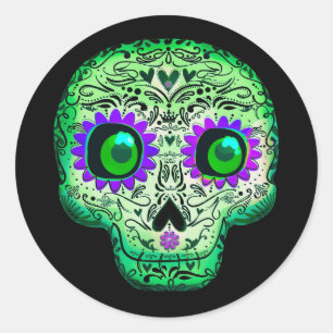 Adesivo Redondo Açúcar Verde e Roxo Caveira Preta Festa de Hallowe