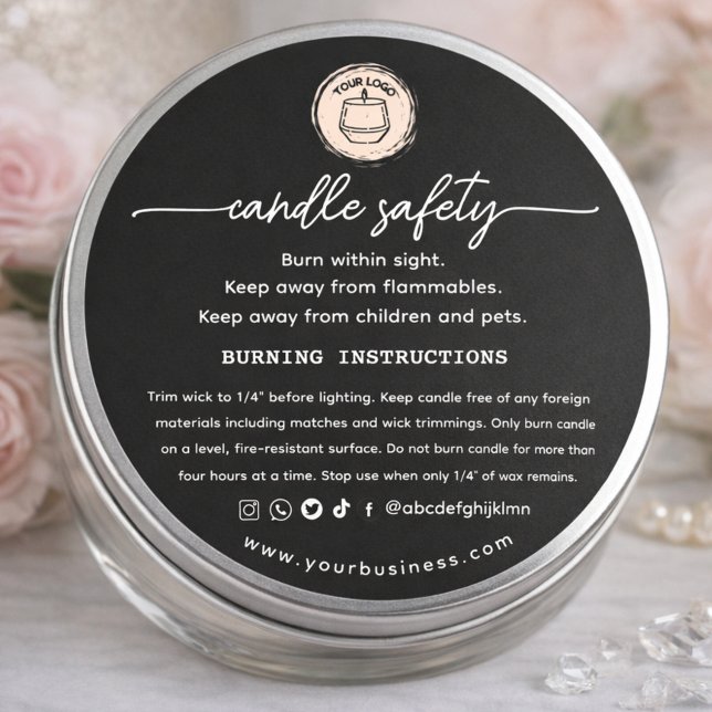 Adesivo Redondo Add your Logo Elegant Black Candle safety Label (Criador carregado)