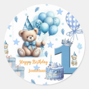Adesivo Redondo Adesivos, Feliz Aniversário de 1º. Urso Azul