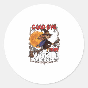 Adesivo Redondo Adeus Mundo Cruel Bruxa Halloween Lua Cheia Teia d