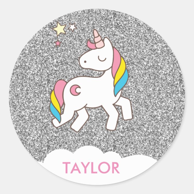 Adesivo Redondo Adicionar seu nome Cute Magical Unicorn Personaliz (Frente)