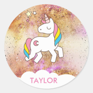 Adesivo Redondo Adicionar seu nome Cute Magical Unicorn Personaliz