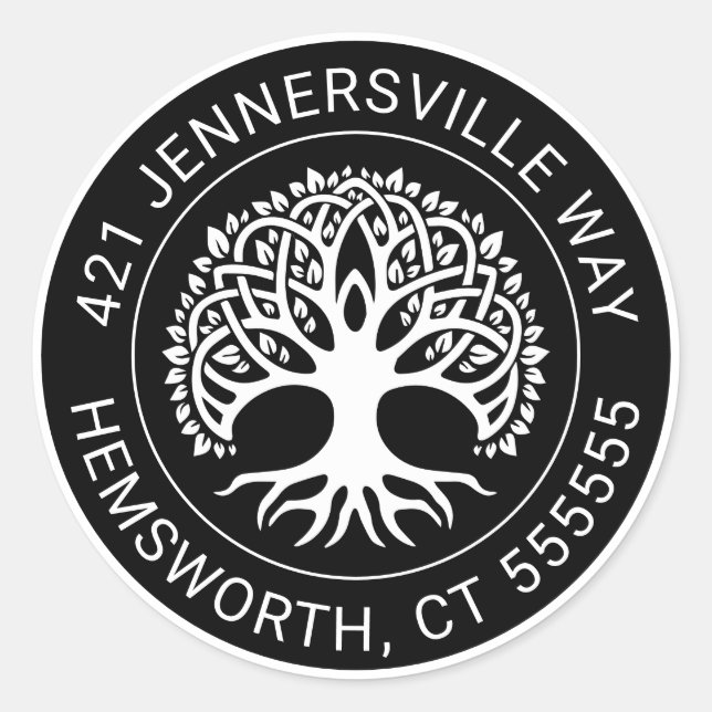 Adesivo Redondo Adicionar seu texto | Endereço Celtic Tree (Frente)