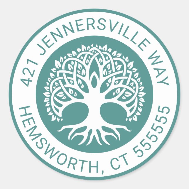 Adesivo Redondo Adicionar seu texto | Endereço Celtic Tree (Frente)