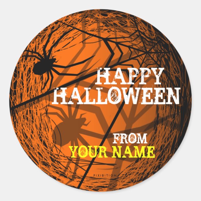 Adesivo Redondo Adicione o nome Spider Web Halloween Sticker Orang (Frente)