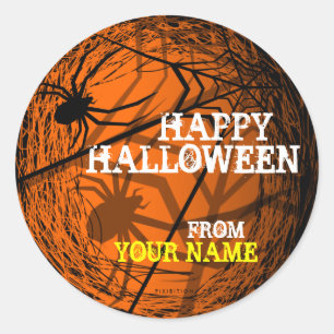 Adesivo Redondo Adicione o nome Spider Web Halloween Sticker Orang