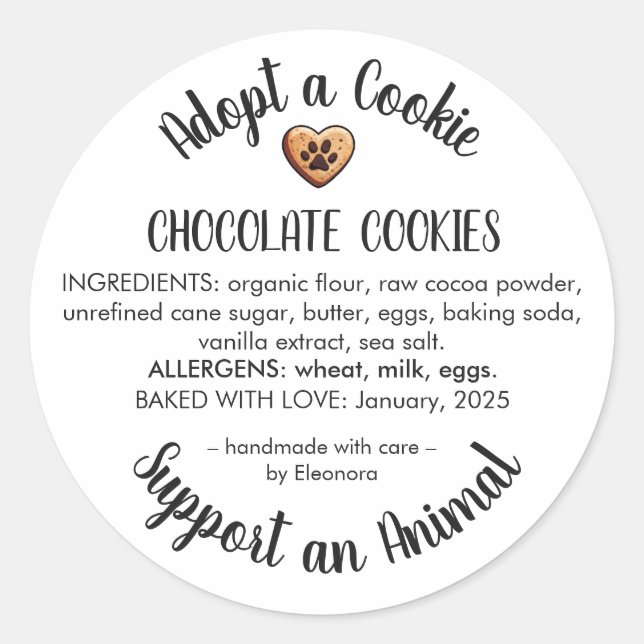 Adesivo Redondo Adopt a Cookie Animal Rescue Bakery Ingredients (Frente)