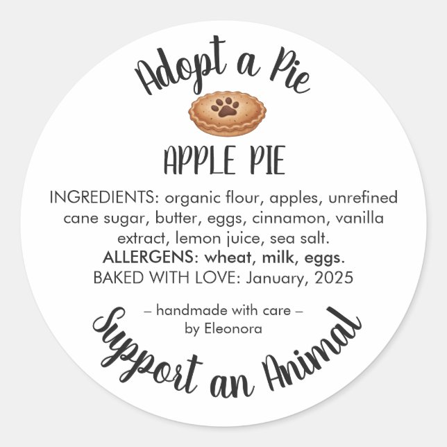 Adesivo Redondo Adopt a Pie Animal Rescue Bakery Ingredients (Frente)