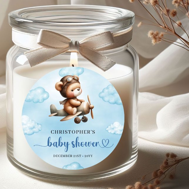 Adesivo Redondo Adorable Boy Shower Teddy Pilot Airplane Sticker (Celebrate your little aviator’s upcoming arrival with this adorable boy baby shower sticker featurin)