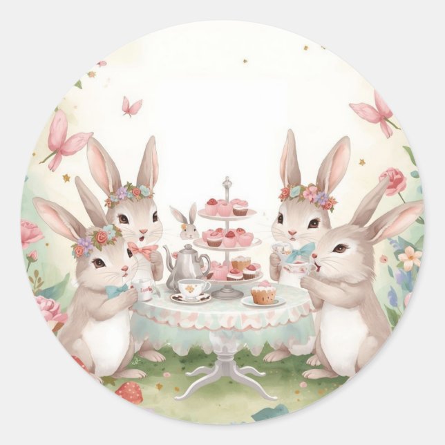 Adesivo Redondo Adorable Bunny Tea Party Favor & Envelope Sticker (Frente)