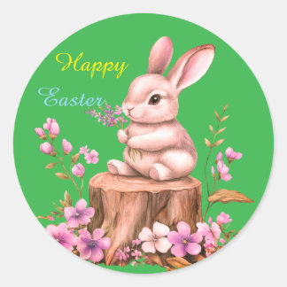 Adesivo Redondo Adorable Easter Bunny on Tree Stump Sticker