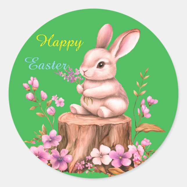 Adesivo Redondo Adorable Easter Bunny on Tree Stump Sticker (Frente)