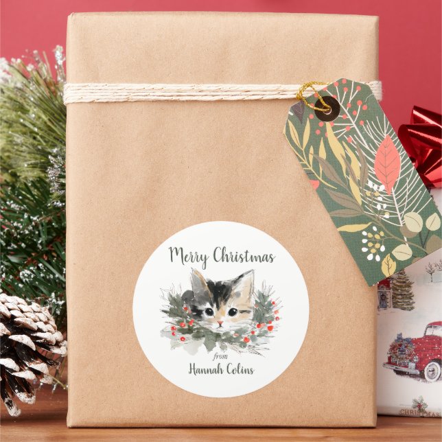 Adesivo Redondo Adorable Festive Calico Cat Merry Christmas Gift (Feriado)