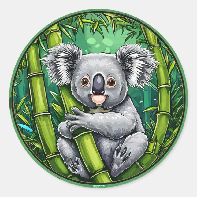 Adesivo Redondo Adorable Koala Hugging Bamboo Stalk (Frente)