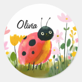 Adesivo Redondo Adorable Ladybug Girl's Name Wildflowers