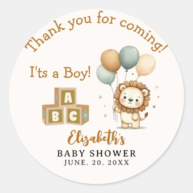 Adesivo Redondo Adorable Lion Baby Shower Boy (Frente)