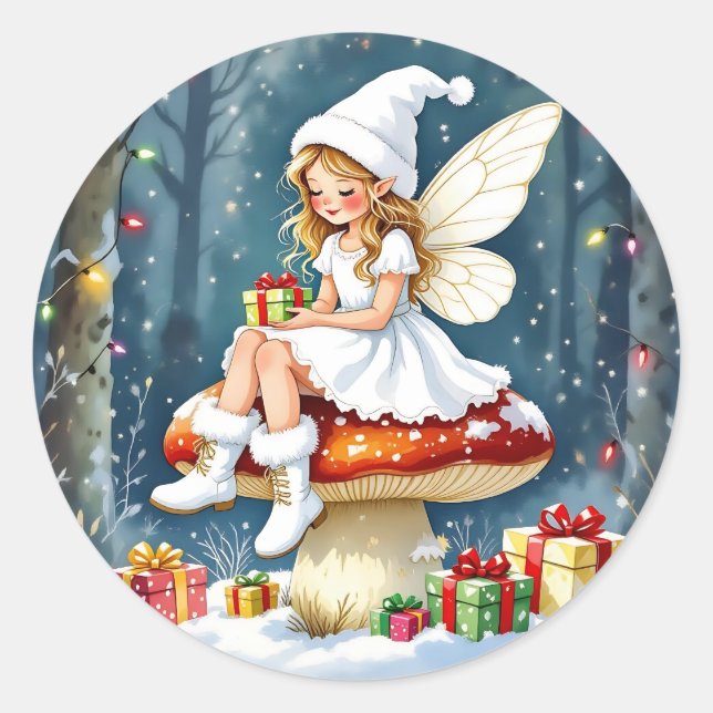 Adesivo Redondo Adorable Little Christmas Fairy on Mushroom (Frente)